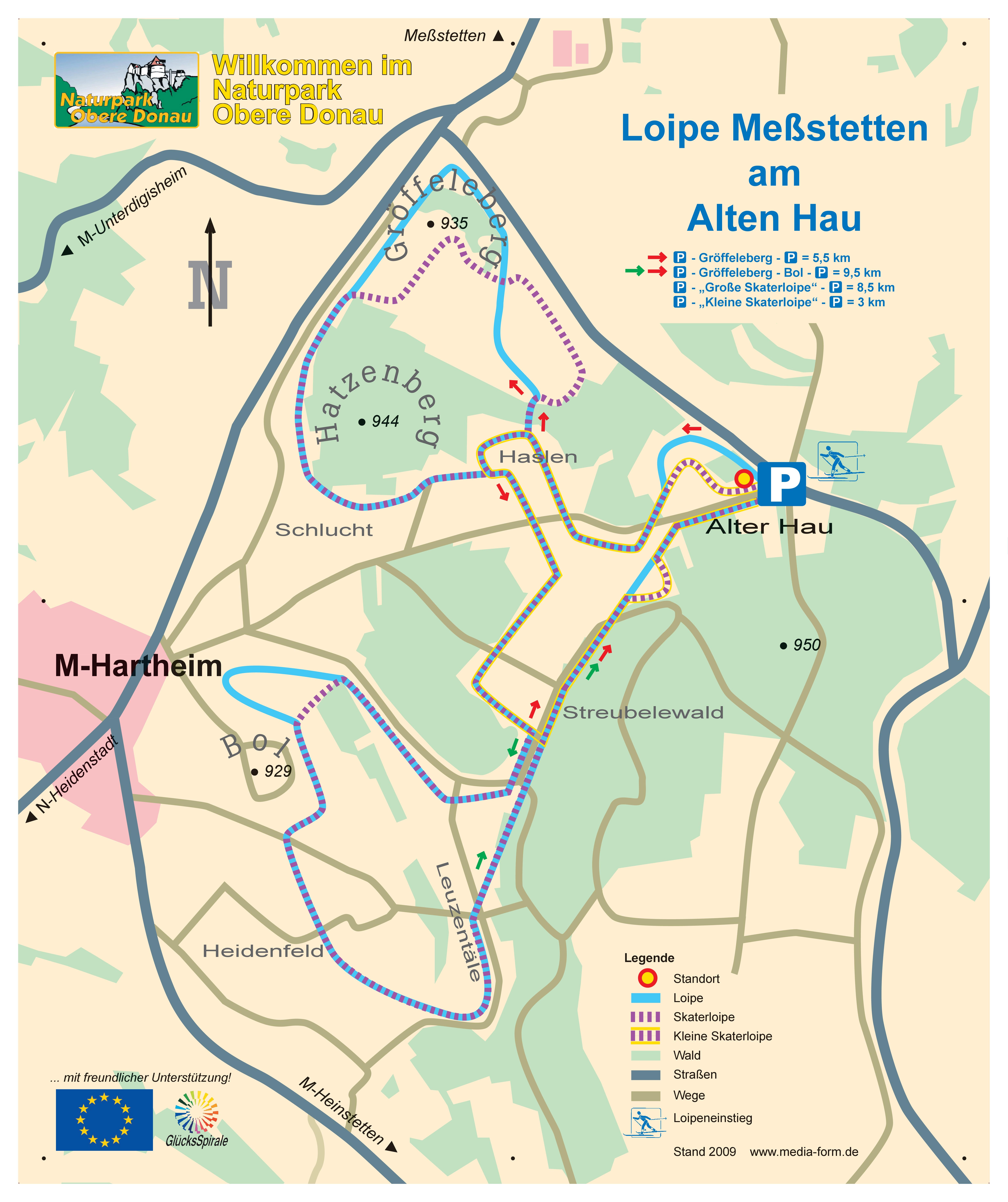 Darstellung der verschieden Loipen in Meßstetten in der Kartenansicht