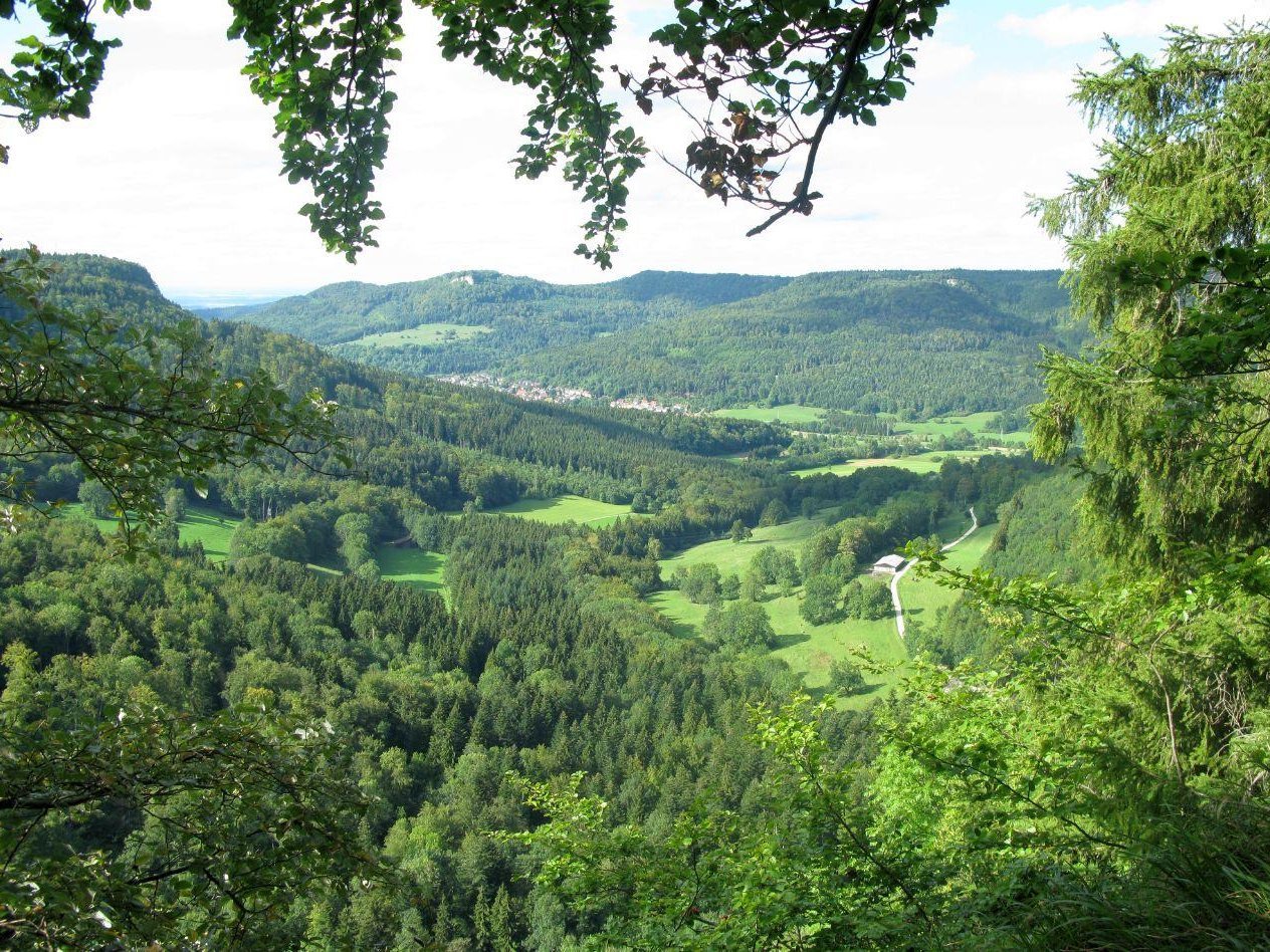Blick vom Schumacherfelsen ins Eyachtal und nach Laufen