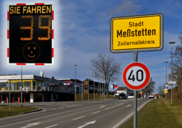 Orteingangsschild von Meßstetten mit Verkehrsschild Tempo 40